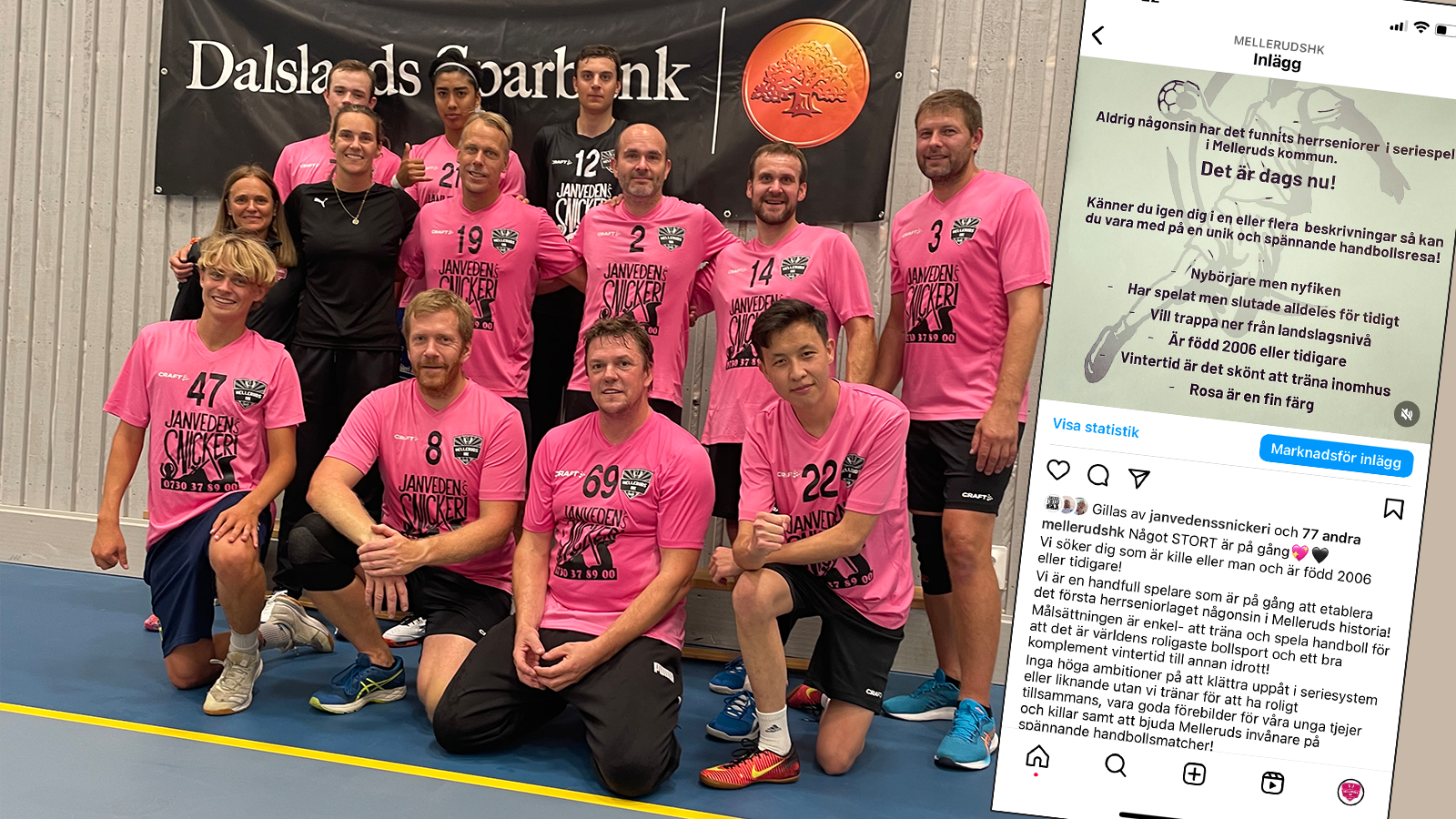 ett fotomontage av två bilder. till vänster en lagbild på glada killar och män i rosa matchställ. till höger en skärmbild från instagram som visar en affisch med frågan om du vill vara med och spela handboll.