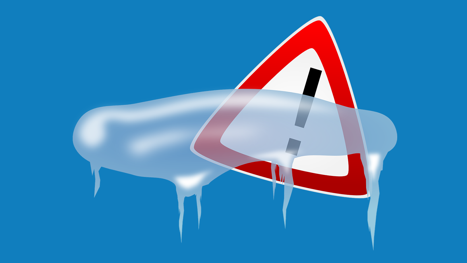 ett montage. blå bakgrind med en varningsskylt i mitten och frusen is framför.